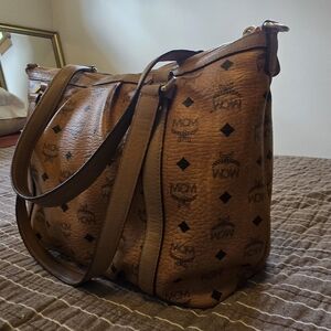 Authentic MCM Visetos Cognac Leather Boston Bag
